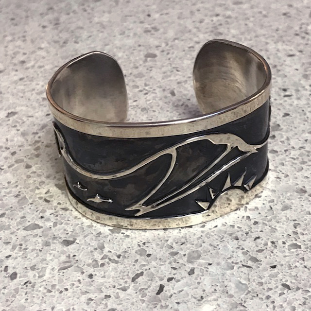STERLING silver mid-century modern bracelet with an interesting abstract scenic design