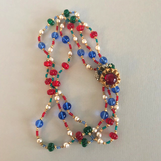 MIRIAM HASKELL by Frank Hess red, blue and green necklace with melon-shaped and round beads