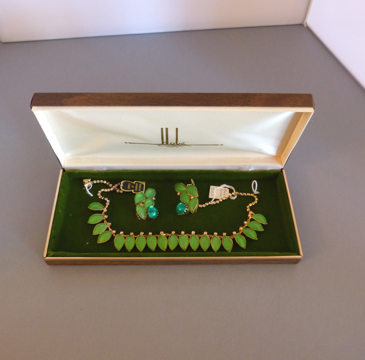 HOBE frosted green leaves necklace and earrings, original box and tags