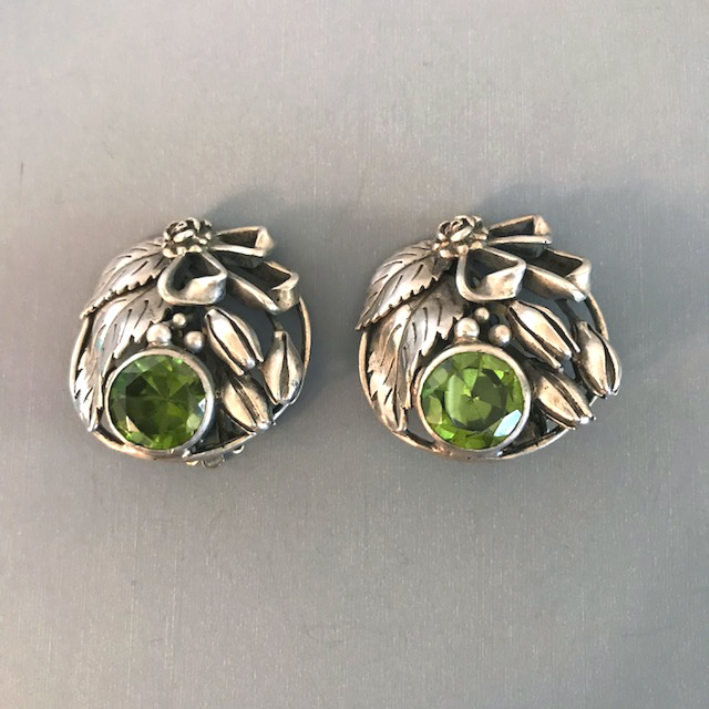 HOBE unsigned sterling clip back earrings with unusual green synthetic spinel triplets, bows