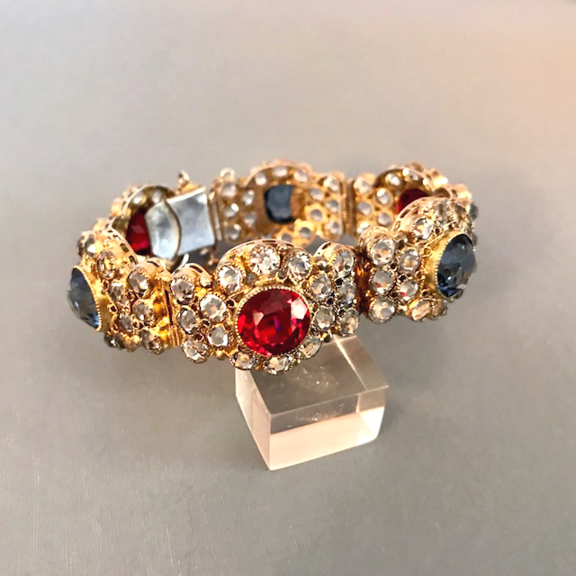 HOBE bracelet with red, clear and blue unfoiled rhinestones, 1940s