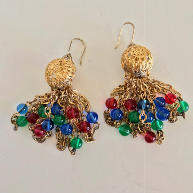 DANGLING pendant earrings with red, blue and green glass beads