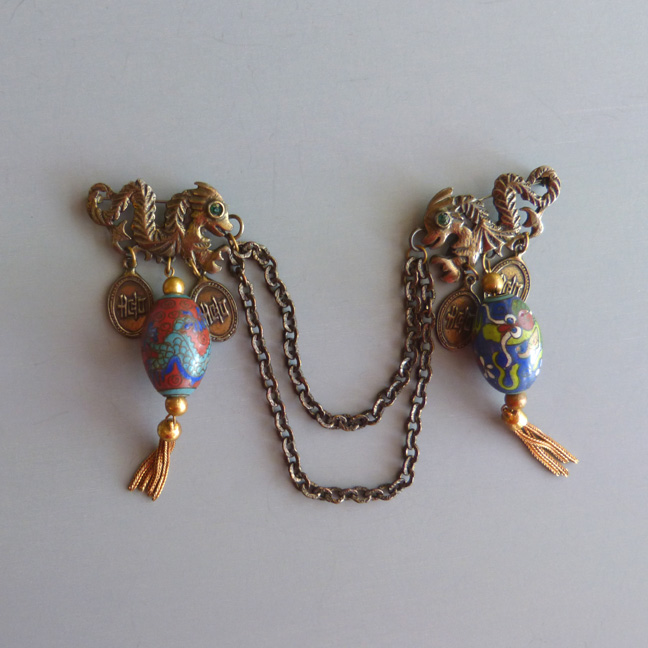 BLUMENTHAL chatelaine pins with dragons, cloisonne balls