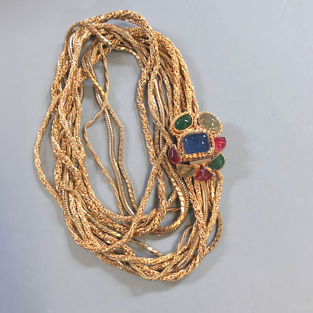 HATTIE CARNEGIE colorful poured clasp necklace with gold tone chains