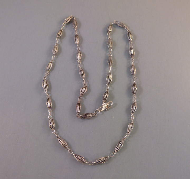 STERLING silver chain with oblong filigree  beads, 25″ long