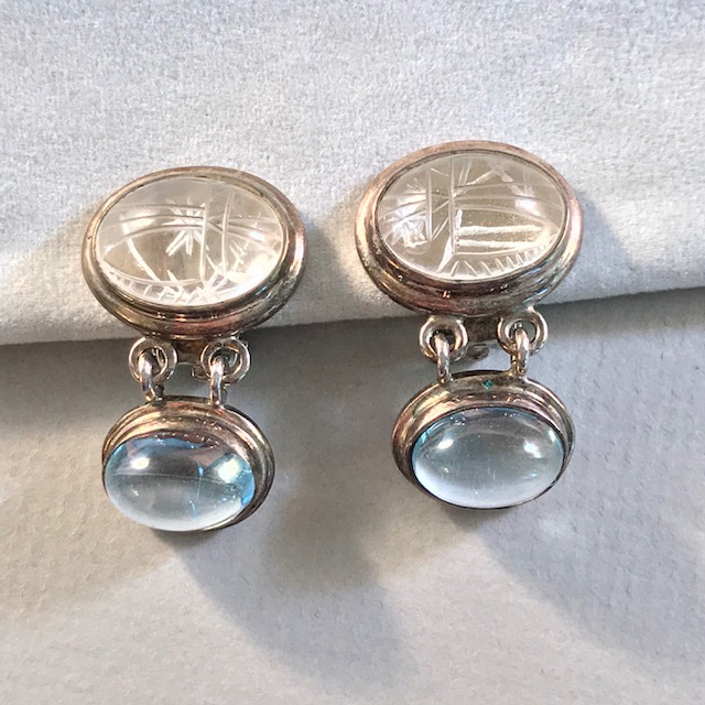 STERLING drop earrings with a Drusy and a moonstone on each, signed