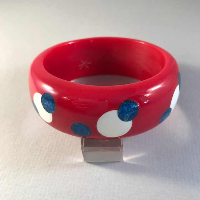 KRONIMUS bakelite red bangle with cream and Levi blue moon dots