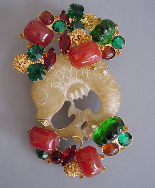 VRBA jade fish brooch with green, brown and carnelian colored stones