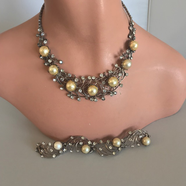 DEROSA vines motif sterling, clear rhinestone and glass half-pearl necklace and bracelet set