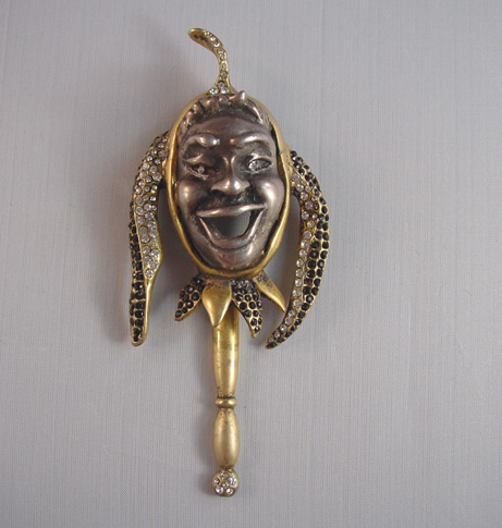 JESTER or Joker mask brooch in black and clear rhinestones