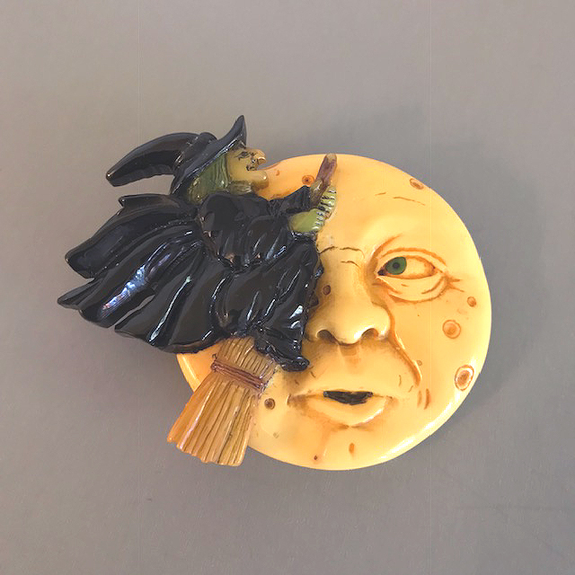 BAKELITE Brad Elfrink carved and painted bakelite Halloween brooch witch flying across the moon with her broom