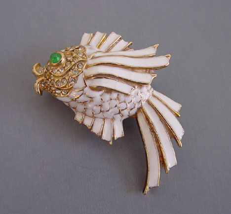 CINER fish brooch with white enameling over gold tone, 1995