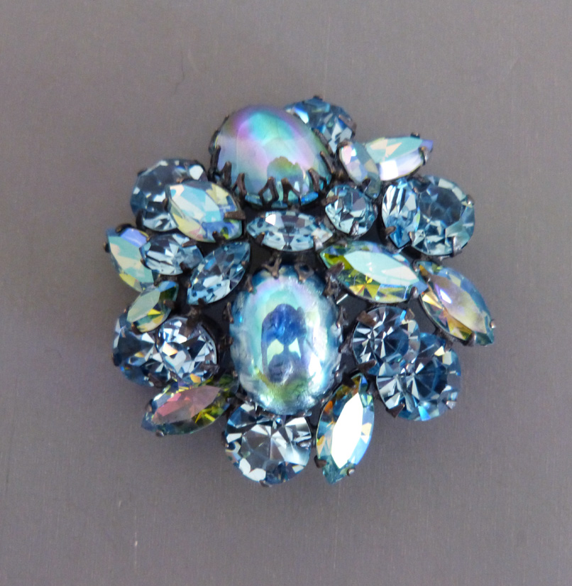 REGENCY aqua art glass cabochons, rhinestones and aurora borealis