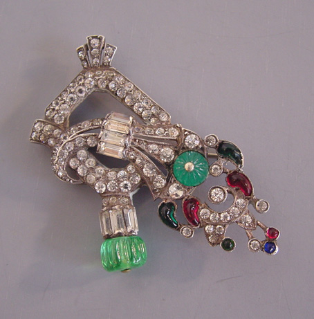 STERLING and clear paste rhinestones brooch poured glass elements