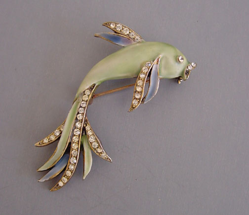 SCHRAGER green and blue enamel and clear rhinestones fish brooch