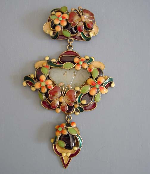 VEGA MADDUX  butterfly brooch with burgundy, black, orange, enameled butterflies and flowers