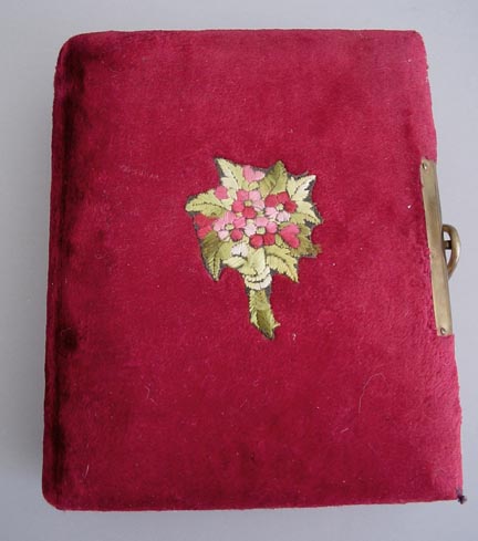 VICTORIAN lush red small velvet album, floral pages