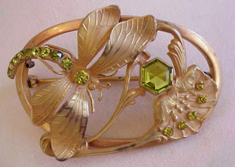 VICTORIAN dragonfly and poppy sash pin with lovely green rhinestones, circa 1900