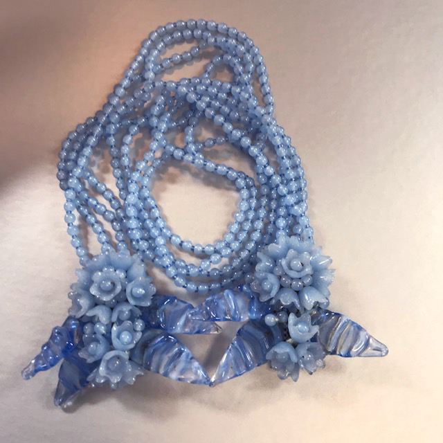 MIRIAM HASKELL by Frank Hess blue glass leaves and beads lariat necklace