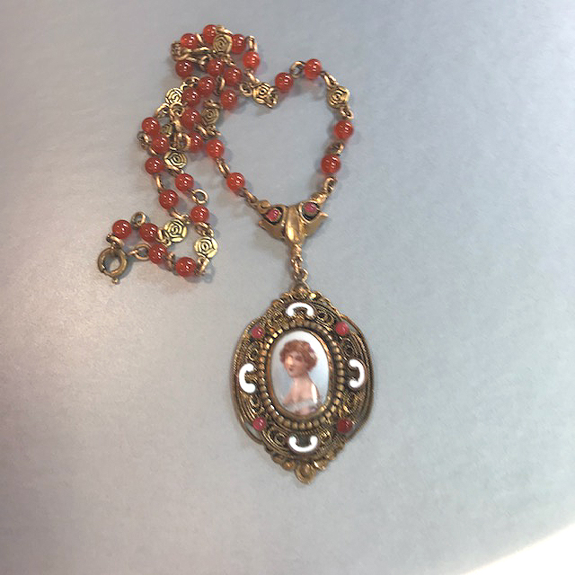 CZECH Austro-Hungarian Revival style portrait necklace showing a young girl in white