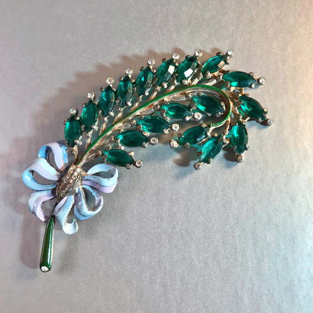FEATHER HUGE 5″ enameled brooch, emerald green marquis