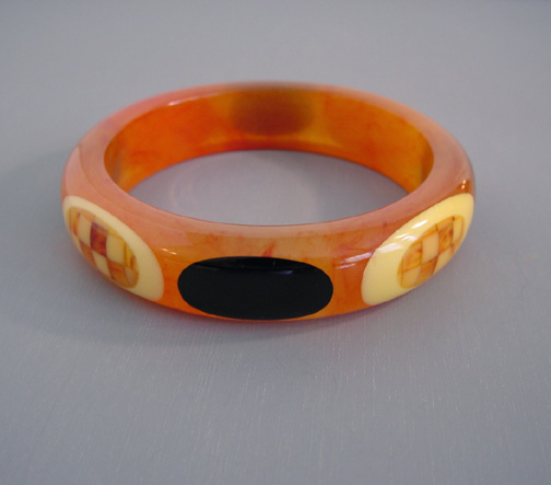SHULTZ bakelite caramel and cloud marbled bangle with cream checks dots