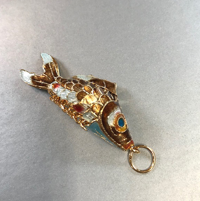 COLORFULLY enameled on gold tone segmented fish pendant
