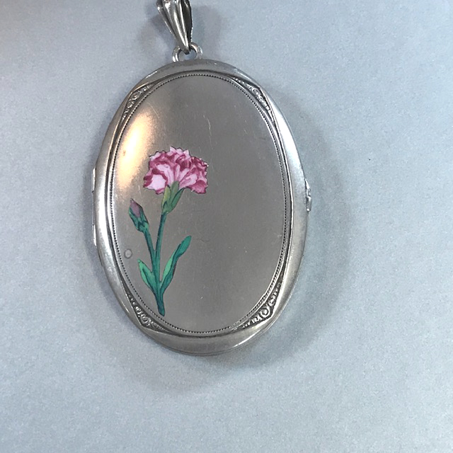 LOCKET vintage Alpaca silver locket with an enameled pink carnation and green leaves