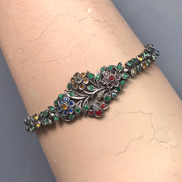 STERLING bracelet set with many tiny colored rhinestones