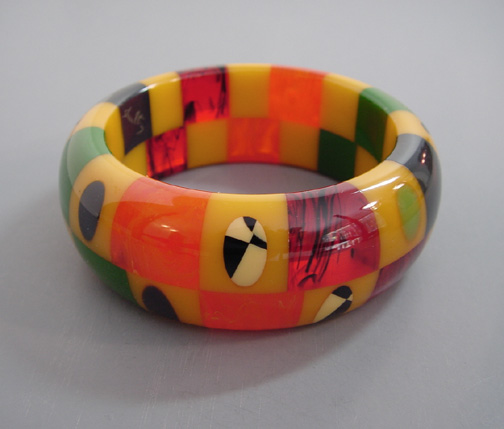 SHULTZ bakelite two row checked bangle in flambe red, sunset orange, dots