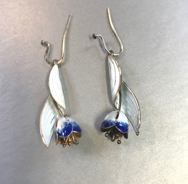 EARRINGS enameled sterling floral earrings in deep purple and white