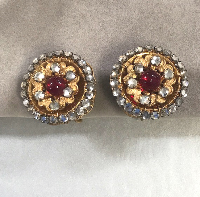 MIRIAM HASKELL red glass bead and rose montees earrings