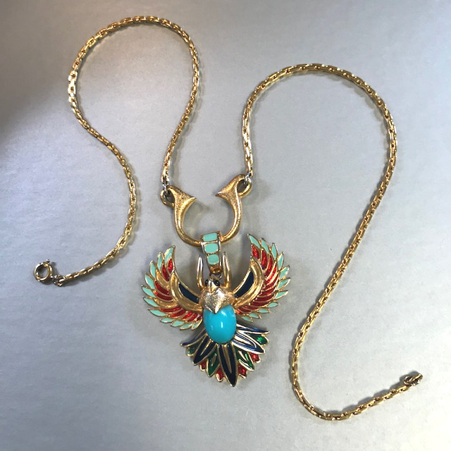 JOMAZ Egyptian themed pendant necklace and brooch combination with a multi-colored enamel scarab
