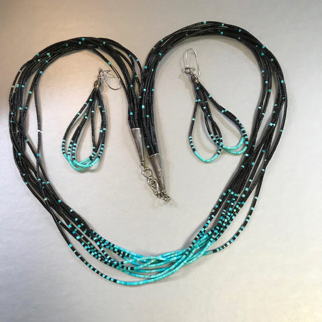 NATIVE AMERICAN turquoise and shell 8-strand necklace and matching earrings