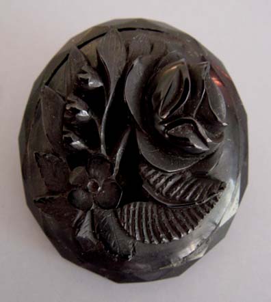 VICTORIAN Whitby jet hand carved flowers brooch with a rose, lily-of-the valley