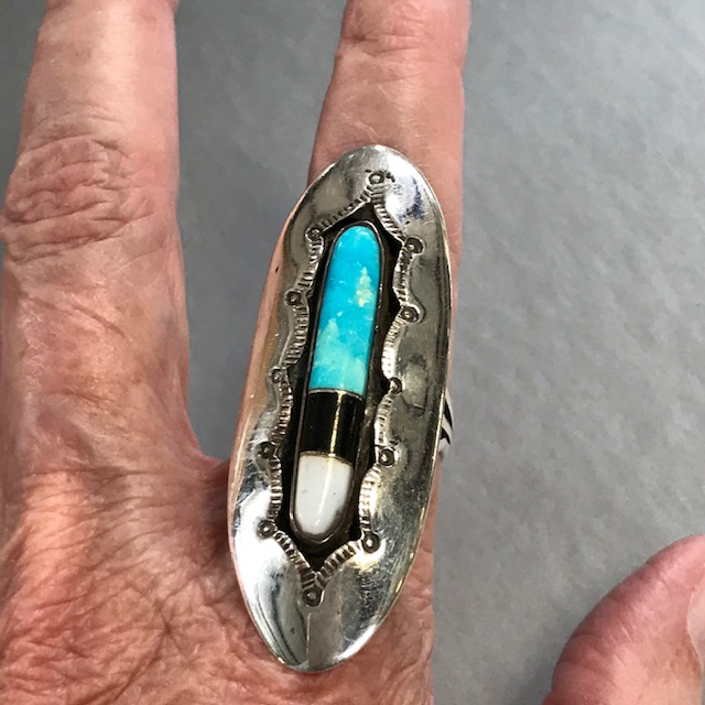 NATIVE AMERICAN sterling ring signed “FJT ’75” and with inlaid turquoise, jet