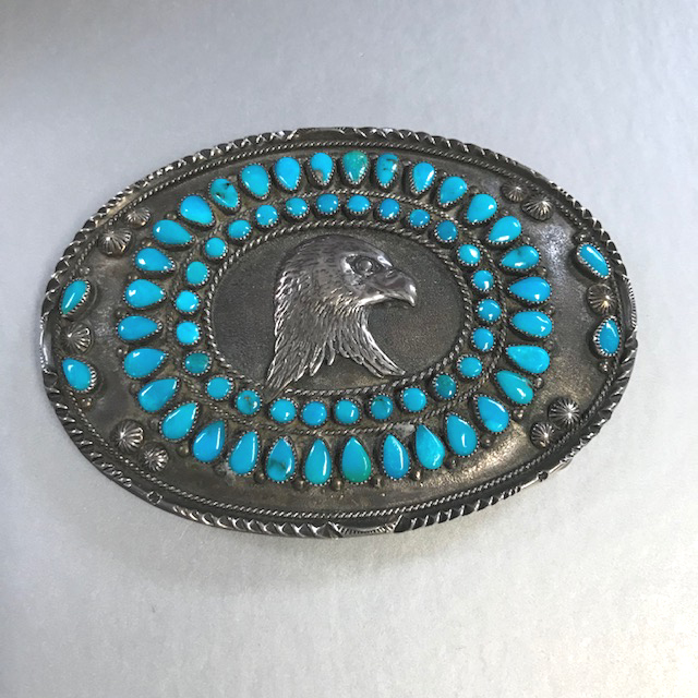 NATIVE AMERICAN VMB turquoise and sterling silver belt buckle with a center eagle’s head