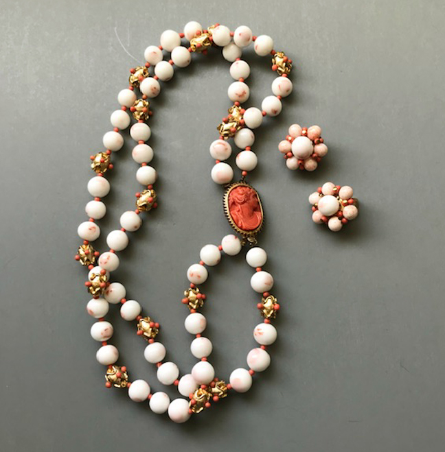 HATTIE CARNEGIE cameo necklace and earrings set with white coral colored glass beads