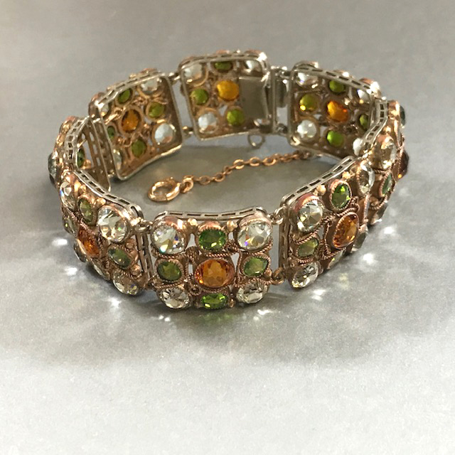 HOBE gold washed sterling bracelet with hand wrought filigree and rhinestones in golden, pale yellow and celery green