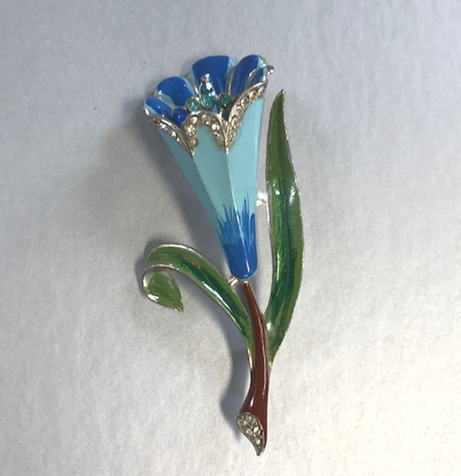 TREMBLER blue, brown and green enameled flower brooch with trembler stamen