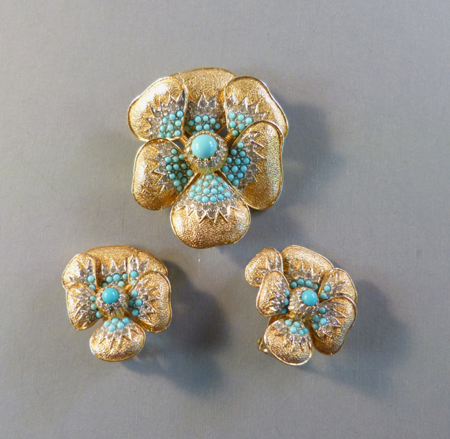 NETTIE ROSENSTEIN trembler pansy flower brooch and earrings set with tiny aqua glass beads