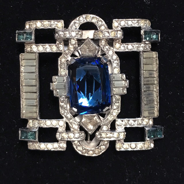 DEROSA unusual dress clip and brooch combo with clear baguettes and blue rhinestones
