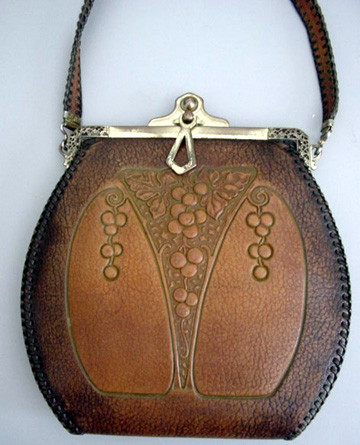 AMITY leather Arts & Crafts purse with unusual berries and flowers design