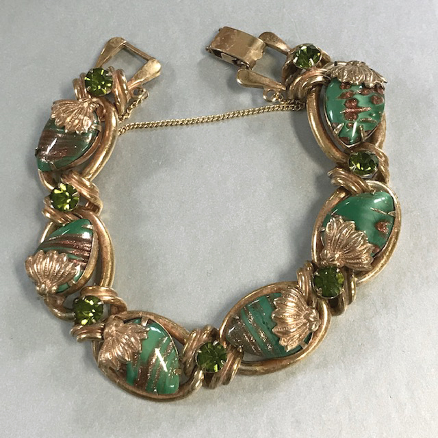 BRACELET green and gold glitter glass links bracelet