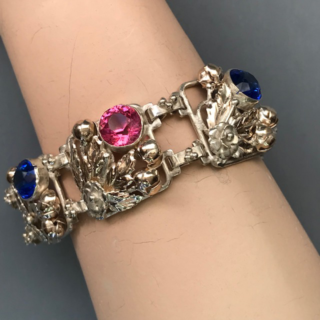 HOBE sterling silver and 14k yellow gold plated bracelet with brilliant pink and blue rhinestones