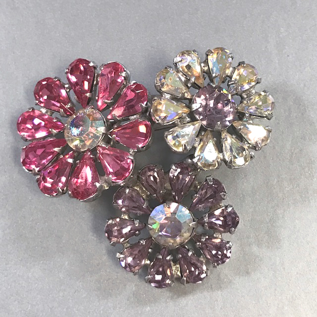 REGENCY three flower brooch with pink, lavender and aurora borealis