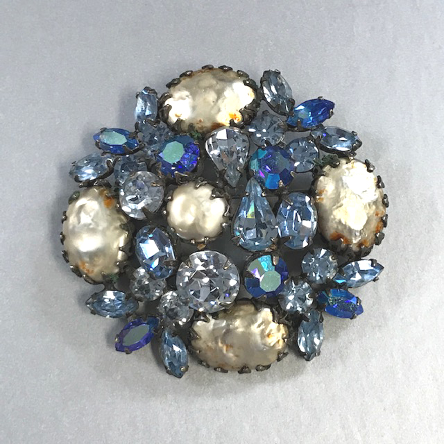 REGENCY round brooch with baby blue and aurora borealis rhinestones