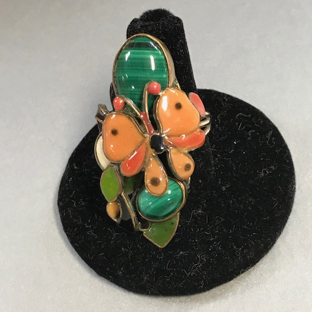 VEGA MADDUX butterfly ring with two lovely malachite stones, two-tone orange enamel on the butterfly