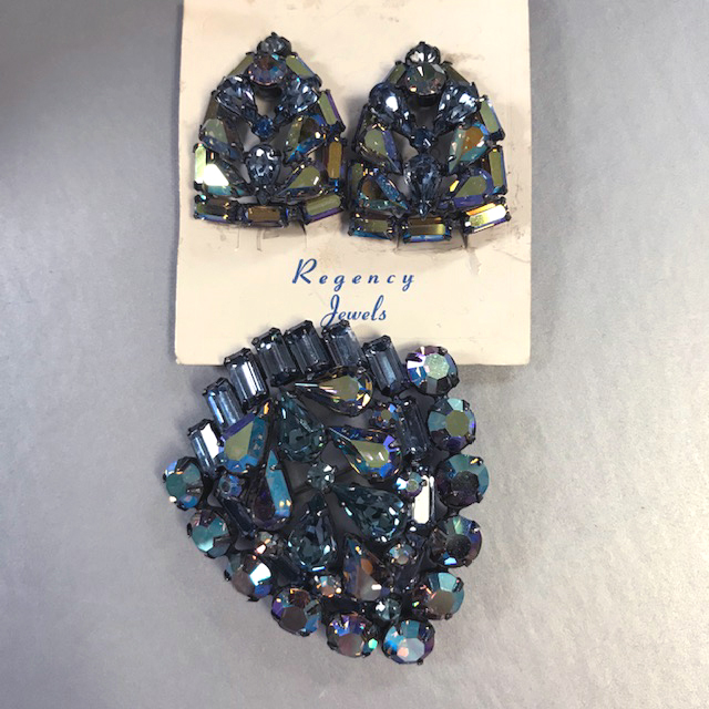 REGENCY brooch and earrings with blue aurora borealis teardrop shapes