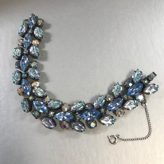 REGENCY bracelet with baby blue pressed glass leaves, blue and marquis, and round aurora borealis